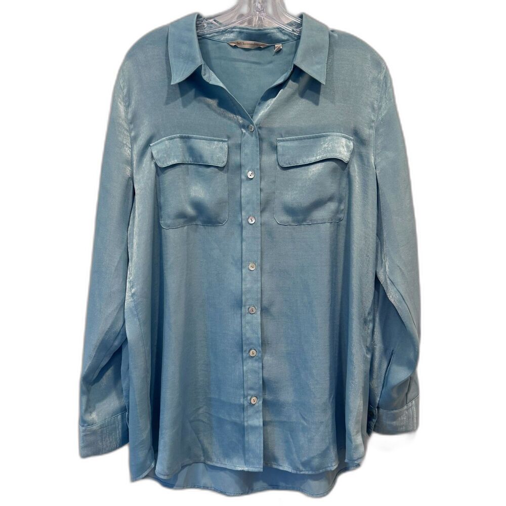 Soft Surroundings Top Satin Button Front Blouse Aqua Blue Long Sleeve Women L
